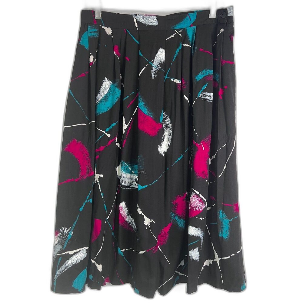 Briggs Black Abstract‎ Print Aline Midi Skirt Side Button Light Pleating Size MD